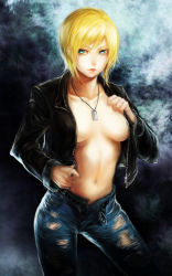 Rule 34 | 1girl, aya brea, belt, blonde hair, blue eyes, breasts, cleavage, denim, dog tags, flashing, fwd, jacket, jeans, jewelry, navel, navel piercing, necklace, no bra, open clothes, open fly, open jacket, pants, parasite eve, parasite eve the 3rd birthday, piercing, short hair, solo, square enix, torn clothes, torn jeans, torn pants, unbuttoned, unzipped