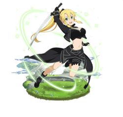 Rule 34 | 1girl, :d, adapted costume, black footwear, black gloves, black ribbon, black shorts, blonde hair, braid, breasts, cleavage, cosplay, crop top, fingerless gloves, full body, gloves, green eyes, hair between eyes, hair ribbon, high ponytail, holding, holding sword, holding weapon, katana, kirito, kirito (cosplay), large breasts, leafa, long hair, looking at viewer, midriff, navel, open mouth, pointy ears, ribbon, shorts, sidelocks, smile, solo, stomach, sword, sword art online, sword art online: memory defrag, transparent background, twin braids, very long hair, weapon