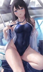 Rule 34 | 1girl, black hair, blue necktie, blue one-piece swimsuit, blue skirt, blush, breasts, competition swimsuit, highres, holding necktie, hose, long hair, loose necktie, medium breasts, mhru, necktie, one-piece swimsuit, open clothes, open shirt, original, poolside, purple eyes, rei no pool, shirt, skirt, solo, striped necktie, swimsuit, thighs, white shirt