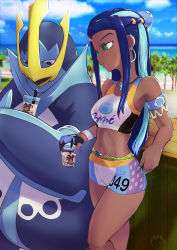 Rule 34 | 1girl, armlet, artist name, beach, bellaraika, belly chain, bikini, blue eyeshadow, blue gloves, blue hair, blue neckwear, blue sky, blurry, blurry background, bubble tea, cloud, cloudy sky, commentary, creatures (company), cup, dark-skinned female, dark skin, day, depth of field, disposable cup, drinking straw, earrings, empoleon, eyelashes, eyeliner, eyeshadow, game freak, gen 4 pokemon, gloves, green eyes, gym leader, hair bun, highres, holding, holding cup, hoop earrings, jewelry, logo, long hair, looking at another, makeup, multicolored hair, nail polish, navel, necklace, nessa (pokemon), nintendo, ocean, outdoors, palm tree, parted lips, pokemon, pokemon (creature), pokemon swsh, railing, signature, single glove, single hair bun, sky, standing, swimsuit, tankini, tree, two-tone hair, wooden railing, wristband