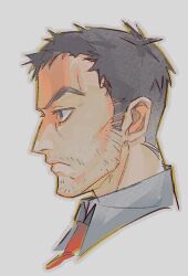 1boy beard_stubble brown_eyes brown_hair closed_mouth collared_shirt commentary cropped_shoulders doujima_ryoutarou facial_hair frown grey_background hashtag-only_commentary male_focus mature_male necktie persona persona_4 profile red_necktie sam_(kyaptainkiddo) shirt sideburns simple_background solo stubble v-shaped_eyebrows white_shirt wing_collar