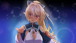 Rule 34 | 1girl, ahoge, blonde hair, blue background, blue bow, blush, bow, breasts, chinese clothes, cleavage, cleavage cutout, clothing cutout, commentary, dark-skinned female, dark skin, hair between eyes, hair bow, haruka kuromiya, hololive, large breasts, long hair, looking at viewer, making-of available, multicolored hair, open mouth, outstretched hand, pointy ears, ponytail, red eyes, shiranui flare, shiranui flare (old design), shoulder cutout, simple background, solo, sparkle, tassel, two-tone hair, upper body, virtual youtuber, white hair