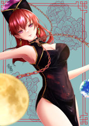 Rule 34 | 1girl, alternate costume, bare shoulders, breasts, chain, china dress, chinese clothes, cleavage, collar, cowboy shot, dress, earrings, earth (ornament), hair between eyes, hecatia lapislazuli, highres, jewelry, large breasts, long hair, mononobe kanako, moon (ornament), red hair, solo, touhou