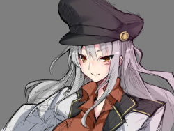 Rule 34 | 1girl, black hat, blush, breasts, closed mouth, clothes lift, facial scar, flat cap, gangut (kancolle), gangut dva (kancolle), grey background, grey hair, hair between eyes, hat, highres, jacket, kantai collection, long hair, long sleeves, looking at viewer, maron (kagamikunn), military, military hat, military jacket, military uniform, naval uniform, orange eyes, peaked cap, portrait, red shirt, scar, scar on cheek, scar on face, shirt, shirt lift, simple background, smile, solo, uniform