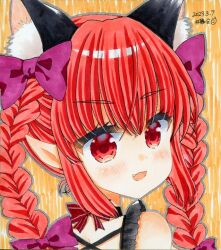 Rule 34 | 1girl, :d, alternate costume, animal ear fluff, animal ears, bare shoulders, bow, braid, cat ears, dated, extra ears, fang, hair bow, kaenbyou rin, looking back, open mouth, pointy ears, portrait, purple bow, red eyes, red hair, simple background, smile, solo, touhou, twin braids, zenra1112