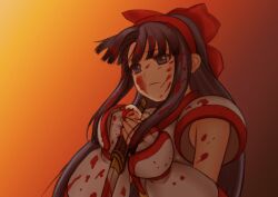 Rule 34 | 1girl, ainu clothes, blood, blood on clothes, blood on face, breasts, fingerless gloves, gloves, hair ribbon, highres, long hair, medium breasts, nakoruru, own hands together, purple eyes, purple hair, ribbon, sad, samurai spirits, snk, solo, the king of fighters, weapon