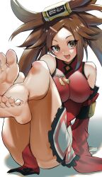 Rule 34 | 1girl, ass, bare shoulders, blush, breasts, brown eyes, brown hair, china dress, chinese clothes, detached sleeves, dress, feet, guilty gear, guilty gear xrd, hair rings, highres, kuradoberi jam, large breasts, long hair, looking at viewer, open mouth, red dress, sato one1, smile, very long hair, wide sleeves