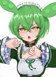 Rule 34 | 1girl, alternate costume, belt, belt collar, black belt, breasts, collar, commentary request, crossed bangs, dress, enmaided, frilled sleeves, frills, green dress, green ribbon, hair between eyes, highres, long bangs, long sleeves, looking at viewer, maid, maid headdress, naonaonina, neck ribbon, open mouth, ribbon, short hair, simple background, small breasts, solo, square neckline, upper body, voiceroid, voicevox, white background, yellow eyes, zundamon