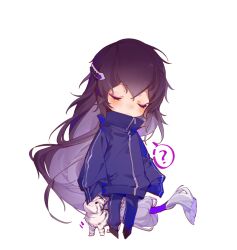 Rule 34 | 1boy, ?, absurdly long hair, animal, arms at sides, biting, blue jacket, blue pants, chibi, closed eyes, closed mouth, eyeliner, floating, full body, hair ornament, hair tubes, hairclip, highres, jacket, juzumaru tsunetsugu, lili3639, long hair, long sleeves, low-tied long hair, makeup, male focus, multicolored hair, pants, purple hair, shoes, sleeves past fingers, sleeves past wrists, spoken question mark, standing, streaked hair, tiger, tiger cub, touken ranbu, track jacket, track pants, track suit, transparent background, very long hair, white tiger