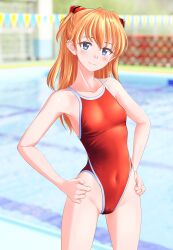 Rule 34 | 1girl, absurdres, blue eyes, blurry, blurry background, breasts, collarbone, commentary request, competition school swimsuit, covered navel, cowboy shot, hands on own hips, highleg, highleg swimsuit, highres, interface headset, neon genesis evangelion, one-piece swimsuit, orange hair, pool, red one-piece swimsuit, school swimsuit, small breasts, solo, souryuu asuka langley, string of flags, swimsuit, takafumi, two side up