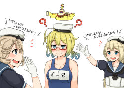 Rule 34 | 3girls, ?, blonde hair, blue eyes, breasts, commentary request, dress, glasses, gloves, hat, i-8 (kancolle), janus (kancolle), jervis (kancolle), kantai collection, large breasts, low twintails, multiple girls, name tag, open mouth, red-framed eyewear, sailor dress, sailor hat, school swimsuit, semi-rimless eyewear, smile, sweatdrop, swimsuit, takasugi heppu, the beatles, twintails, under-rim eyewear, white gloves