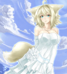 Rule 34 | 1girl, animal ears, bare shoulders, blonde hair, blue eyes, blue sky, breasts, cleavage, cloud, cloudy sky, collarbone, day, dress, elbow gloves, flower, fox ears, fox tail, gloves, hair intakes, highres, jewelry, large breasts, looking at viewer, minarai tenna, narulala, necklace, phantasy star, phantasy star online 2, short hair, sky, smile, solo, sparkle, tail, wedding dress