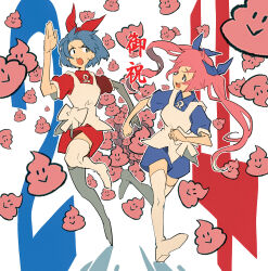 Rule 34 | 2girls, :o, apron, blue hair, blue ribbon, boots, clenched hands, commentary request, emoji, fleeing, full body, hair ribbon, hand up, highres, long hair, looking back, milestone celebration, multiple girls, omega ray, omega rio, omega sisters, omega symbol, open mouth, pink hair, poop emoji, puffy short sleeves, puffy sleeves, red ribbon, ribbon, running, short hair, short sleeves, siblings, sisters, small sweatdrop, tamo (gaikogaigaiko), thigh boots, too many, translation request, twintails, v-shaped eyebrows, virtual youtuber, white apron, white background, white footwear