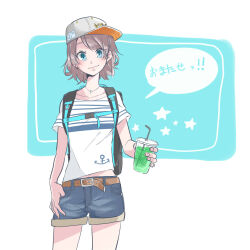 Rule 34 | 1girl, anchor symbol, backpack, bag, baseball cap, belt, belt buckle, black bag, blue eyes, blue shorts, blush, brown belt, buckle, closed mouth, collarbone, commentary request, cowboy shot, cup, disposable cup, drinking, grey hair, hat, highres, holding, holding cup, jewelry, kashikaze, looking at viewer, love live!, love live! sunshine!!, midriff peek, navel, necklace, shirt, short hair, short sleeves, shorts, smile, solo, striped clothes, striped shirt, translated, watanabe you, white hat, white shirt