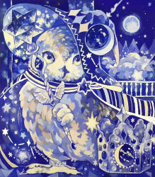 Rule 34 | acrylic paint (medium), animal, animal focus, anklet, artist name, bird, blue cape, blue headwear, blue sky, blue theme, cape, closed mouth, clothed animal, cloud, constellation print, crescent, crown, crystal, diamond (shape), holding with feet, from side, full body, full moon, gem, grey headwear, hat, highres, holding, holding wand, jewelry, leg up, looking at viewer, moon, mountain, night, no humans, original, owl, painting (medium), railing, shooting star, signature, sky, standing, standing on one leg, star (sky), stellated octahedron, striped cape, susutouka, traditional media, wand, wizard hat, yellow eyes