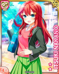 Rule 34 | 1girl, ahoge, akanbe, amusement park, black jacket, blazer, blue eyes, breasts, card (medium), collared shirt, day, eyebrows hidden by hair, eyelid pull, girlfriend (kari), go-toubun no hanayome, green skirt, hair between eyes, hair intakes, hair ornament, jacket, large breasts, long hair, long sleeves, looking at viewer, nakano itsuki, official art, open clothes, open jacket, open mouth, outdoors, pleated skirt, qp:flapper, red hair, red sweater, school uniform, shirt, sidelocks, skirt, smile, solo, standing, star (symbol), star hair ornament, sweater, sweater vest, tongue, tongue out, white shirt