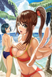 Rule 34 | 2girls, ass, atsushi jb (pixiv), attsun (atsushi jb), back, bad id, bad pixiv id, bikini, bikini bottom only, blue eyes, blue hair, breast suppress, breasts, brown eyes, brown hair, cleavage, cloud, covering privates, covering breasts, day, flat chest, flower, foreshortening, hair flower, hair ornament, large breasts, legs, long hair, looking back, multiple girls, navel, nishigori atsushi, open mouth, original, outdoors, outstretched arm, outstretched hand, palm tree, ponytail, reaching, short hair, sky, surprised, swimsuit, topfreedom, topless, towel, tree, untied, water, yellow eyes