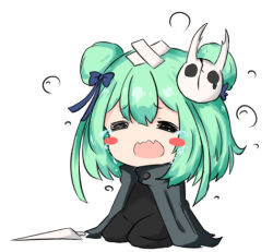 Rule 34 | 1girl, = =, bailingxiao jiu, black bodysuit, black cloak, blue bow, blue flower, blush stickers, bodysuit, bow, cloak, closed eyes, crossed bandaids, crying, double bun, fang, flower, full body, green hair, hair between eyes, hair bow, hair bun, hair flower, hair ornament, hololive, long hair, lowres, open mouth, seiza, simple background, sitting, solo, tears, uruha rushia, virtual youtuber, weapon, white background