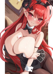 Rule 34 | 1girl, ace (playing card), ace of hearts, animal ears, azur lane, bare shoulders, between breasts, black horns, black leotard, bow, bowtie, breasts, brown pantyhose, card, card between breasts, curled horns, demon horns, detached collar, fake animal ears, hair ornament, heart, highres, hindenburg (azur lane), hindenburg (delirious duel) (azur lane), holding, holding card, horns, huge breasts, humo, leotard, long hair, looking at viewer, official alternate costume, pantyhose, playboy bunny, playing card, pointy ears, rabbit ears, red eyes, red hair, slit pupils, solo, strapless, strapless leotard, traditional bowtie, undersized breast cup, very long hair, wrist cuffs