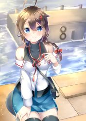 Rule 34 | 1girl, ahoge, bag, bare shoulders, black shirt, black thighhighs, blue eyes, blue skirt, braid, breasts, brown hair, casual, collared shirt, commentary request, hair between eyes, hair flaps, hair ornament, hair ribbon, hand on thigh, highres, kantai collection, looking at viewer, mashiro aa, medium breasts, official alternate costume, outdoors, pier, red ribbon, ribbon, shigure (kancolle), shigure kai ni (kancolle), shirt, short hair, shoulder bag, sidelocks, single braid, sitting, skirt, sleeveless, sleeveless shirt, smile, solo, thighhighs, vest, water, white vest