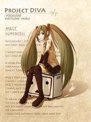Rule 34 | 1girl, boots, detached sleeves, english text, engrish text, green hair, hatsune miku, headset, hi--ro a--ki, highres, long hair, lyrics, melt (vocaloid), necktie, niconico, poorly translated, ranguage, sitting, skirt, solo, thigh boots, thighhighs, twintails, very long hair, vocaloid