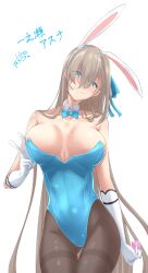 Rule 34 | 1girl, absurdres, animal ears, asuna (blue archive), asuna (bunny) (blue archive), bare shoulders, blue archive, blue eyes, blue leotard, blue ribbon, blush, breasts, brown pantyhose, cleavage, condom, condom wrapper, detached collar, elbow gloves, fake animal ears, gloves, hair over one eye, hair ribbon, highleg, highleg leotard, highres, large breasts, leotard, light brown hair, long hair, looking at viewer, mole, mole on breast, pantyhose, playboy bunny, rabbit ears, ribbon, smile, solo, thighband pantyhose, thighs, tokito yu, very long hair, white gloves