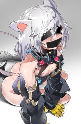 Rule 34 | 1girl, absurdres, animal ears, arknights, ass, bare shoulders, black dress, black footwear, blindfold, boots, covered eyes, detached sleeves, dress, facing viewer, flat chest, full body, gag, gagged, gloves, grey hair, highres, improvised gag, knee boots, long hair, long sleeves, mouse ears, mouse girl, mouse tail, nipple slip, nipples, scavenger (arknights), short dress, sitting, solo, tail, tape, tape gag, tekona0, yellow gloves
