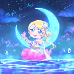 Rule 34 | 1girl, alternate hairstyle, arm ribbon, artist name, artist request, ayase eli, bare shoulders, blonde hair, blue eyes, blue ribbon, blue sky, blush, bow, bracelet, breasts, bug, butterfly, butterfly on hand, chibi, cleavage, cloud, collarbone, crescent, crescent earrings, crescent moon, crescent moon symbol, dress, earrings, female focus, flower, hair between eyes, hair bun, hair flower, hair ornament, hair ribbon, highres, insect, jewelry, long hair, looking at viewer, love live!, love live! school idol festival, love live! school idol festival all stars, love live! school idol project, low ponytail, miniskirt, moon, night, night sky, ocean, outdoors, parted lips, pink butterfly, plaid, plaid dress, plaid skirt, pleated, pleated dress, pleated skirt, ponytail, ribbon, shooting star, short hair, side bun, single hair bun, skirt, sky, small breasts, smile, solo, star (sky), star (symbol), star earrings, venus on a moonlit night (love live!), white bow, white dress, white flower, white skirt
