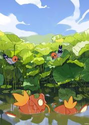 Rule 34 | artist name, beak, bird, cindy (pigeoncindy ), closed mouth, creatures (company), day, fish, fletchling, game freak, gen 1 pokemon, gen 6 pokemon, highres, lily pad, looking down, looking up, magikarp, nintendo, no humans, outdoors, pokemon, pokemon (creature), sky, symbol-only commentary, water, wet