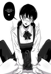 Rule 34 | 1boy, 1girl, absurdres, artist name, belt, belt buckle, black hair, blush, buckle, chainsaw man, collared shirt, cowgirl position, cross scar, dress, english text, facial scar, fourth east high school uniform, girl on top, gratam, greyscale, heart, hetero, highres, implied sex, long hair, long sleeves, monochrome, motion lines, neck ribbon, on top of viewer, open mouth, pinafore dress, pov, ribbon, ringed eyes, scar, scar on cheek, scar on face, school uniform, shirt, simple background, sleeveless, sleeveless dress, solo focus, speech bubble, spoken heart, spread legs, straddling, twitter username, unusual pupils, white background, yoru (chainsaw man)