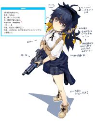 Rule 34 | ..., 1girl, absurdres, ahoge, animal ears, assault rifle, bandaid, bandaid on knee, bandaid on leg, commentary request, fake animal ears, full body, gloves, grey eyes, gun, headphones, highres, long hair, looking at viewer, multicolored hair, nanaroku (fortress76), original, rifle, school uniform, shoes, simple background, solo, translation request, vest, weapon, weapon request, white background
