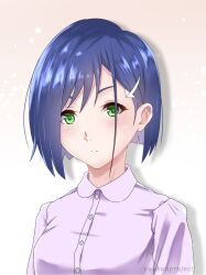 Rule 34 | 1girl, arms at sides, artist name, blouse, blue hair, blush, bob cut, breasts, close-up, commentary, darling in the franxx, expressionless, gradient background, green eyes, hair ornament, hair strand, hairclip, highres, ichigo (darling in the franxx), looking at viewer, medium breasts, pink background, pink shirt, portrait, romaji commentary, shirt, short hair, solo, yuukunproject