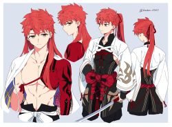 Rule 34 | 1boy, alternate hair length, alternate hairstyle, cape, character sheet, cowboy shot, fate/grand order, fate (series), from behind, hair ornament, highres, holding, holding sword, holding weapon, igote, kamo 0707, looking at viewer, male focus, multiple views, nagatekkou, orange eyes, ponytail, profile, red hair, rope, senji muramasa (fate), senji muramasa (second ascension) (fate), shimenawa, simple background, sword, twitter username, upper body, weapon, wide sleeves