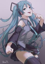 Rule 34 | 1girl, artist name, bad id, bad pixiv id, black skirt, black sleeves, black thighhighs, blue eyes, blue hair, blue necktie, chishibuki hiyoko, collared shirt, commentary request, cowboy shot, detached sleeves, gradient background, grey background, grey shirt, hatsune miku, headphones, highres, long hair, making-of available, necktie, open mouth, pleated skirt, shirt, skirt, sleeveless, sleeveless shirt, solo, teeth, thighhighs, tongue, tongue out, twintails, upper teeth only, vocaloid