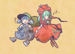 Rule 34 | 2girls, blue footwear, blue hair, blue shirt, blue skirt, closed eyes, dress, flying sweatdrops, front ponytail, full body, green hair, green hat, hair bobbles, hair ornament, hair ribbon, hat, kagiyama hina, kawashiro nitori, key, long hair, multiple girls, musical note, orange background, oysterfried, red dress, red ribbon, ribbon, shirt, short hair, skirt, touhou, two side up