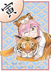 Rule 34 | 1girl, absurdres, animal hood, chinese zodiac, commentary request, double bun, english text, glasses, hair bun, highres, hood, kaginoko, kantai collection, looking at viewer, makigumo (kancolle), new year, one eye closed, pink hair, shirt, tiger, twintails, white shirt, year of the tiger, yellow eyes