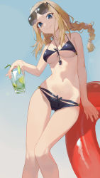 Rule 34 | 1girl, absurdres, bare arms, bare shoulders, bikini, black bikini, blonde hair, blue sky, braid, breasts, brown eyes, closed mouth, cup, day, drink, drinking glass, drinking straw, eyewear on head, feet out of frame, girls&#039; frontline, gluteal fold, highres, holding, holding cup, innertube, long hair, looking at viewer, medium breasts, navel, outdoors, ren huozhe, serdyukov (crow lifeguard) (girls&#039; frontline), serdyukov (girls&#039; frontline), sky, smile, solo, stomach, sunglasses, swim ring, swimsuit, thigh gap, twin braids, underboob, whistle, whistle around neck