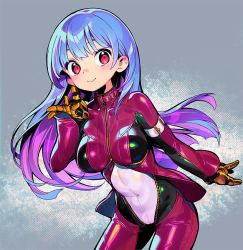 Rule 34 | 1girl, blue hair, bodysuit, breasts, closed mouth, covered navel, grey background, kula diamond, long hair, looking at viewer, medium breasts, multicolored bodysuit, multicolored clothes, onono imoko, red eyes, smile, snk, solo, the king of fighters, zipper