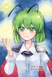 Rule 34 | 1girl, 2zuz4hru, antennae, black cape, blouse, breasts, cape, closed mouth, collared shirt, commentary request, fireflies, green eyes, green hair, hair between eyes, highres, long sleeves, looking to the side, painting (medium), red cape, shirt, short hair, small breasts, smile, solo, touhou, traditional media, two-sided cape, two-sided fabric, upper body, watercolor (medium), white shirt, wriggle nightbug