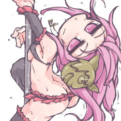 Rule 34 | 1girl, ass, black thighhighs, breasts, butt crack, expressionless, from behind, hata no kokoro, kureha mitsushige, looking back, lowleg, lowleg skirt, mask, new mask of hope, pink eyes, pink hair, pole, pole dancing, simple background, skirt, solo, stripper, stripper pole, sweat, thighhighs, touhou, white background
