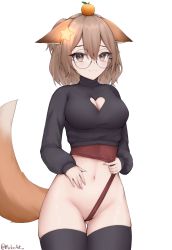 Rule 34 | 1girl, absurdres, animal ears, annytf, breasts, brown eyes, brown hair, cleavage, cleavage cutout, clothes pull, clothing cutout, dog ears, food, fruit, glasses, hair ornament, highres, indie virtual youtuber, large breasts, michoart, navel, orange (fruit), shirt pull, signature, simple background, smile, star ornament, tail, thighhighs, thighs, turtleneck, virtual youtuber, white background
