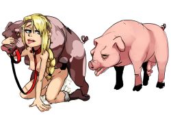 Rule 34 | 1girl, animal penis, astrid hofferson, bent over, bestiality, blonde hair, blue eyes, braid, breasts, collar, doggystyle, how to train your dragon, kneeling, leash, nipples, nude, penis, pig, polyle, sex, sex from behind, single braid, tagme, tongue, tongue out, uncensored