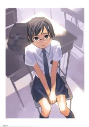 Rule 34 | absurdres, child, desk, from above, glasses, hair ornament, hairclip, hairpin, highres, kneehighs, looking up, necktie, school desk, school uniform, short hair, sitting, smile, socks, solo, takamichi