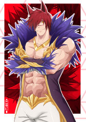Rule 34 | 1boy, abs, absurdres, animal ears, artist name, bara, biceps, bulge, cat ears, crossed arms, gauntlets, highres, jacket, kiazu114, league of legends, male focus, manly, mature male, muscular, muscular male, no shirt, one eye covered, pants, pectorals, red background, red hair, scar, scar on face, scar on nose, sett (league of legends), signature, smirk, solo, thick arms, yellow eyes