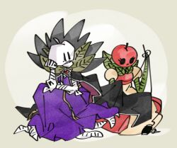 Rule 34 | 2girls, apple, black cape, brooch, cape, dress, ebony queen&#039;s apple, food, force (4sk force), fruit, hand up, holding, holding needle, jewelry, limbus company, lobotomy corporation, multiple girls, needle, object head, plant, plant roots, project moon, puffy short sleeves, puffy sleeves, purple dress, red dress, sewing, short sleeves, simple background, snow white&#039;s apple, thread, vines, white background, yellow sleeves