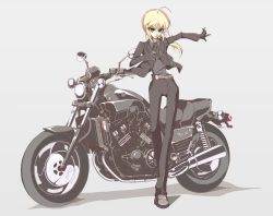 Rule 34 | 1girl, ahoge, artoria pendragon (all), artoria pendragon (fate), black gloves, blonde hair, fate/stay night, fate/zero, fate (series), formal, gloves, green eyes, motor vehicle, motorcycle, necktie, pant suit, pants, saber (fate), sanshirou, solo, suit, type-moon, vehicle, yamaha v-max