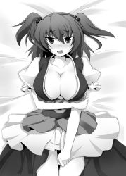 Rule 34 | 1girl, bad id, bad pixiv id, blush, breasts, cleavage, crossed arms, fang, female focus, greyscale, hair bobbles, hair ornament, kazami chiu, large breasts, lying, monochrome, onozuka komachi, solo, touhou, twintails, two side up