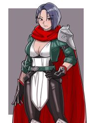 Rule 34 | 1girl, alternate costume, breasts, cape, cleavage, cropped jacket, fire emblem, fire emblem: three houses, fire emblem heroes, gloves, highres, large breasts, looking at viewer, mnejing30, nintendo, pelvic curtain, purple eyes, purple hair, scarf, shamir nevrand, short hair, solo, standing