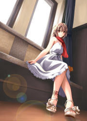 Rule 34 | 1girl, brown eyes, brown hair, dress, feet, foreshortening, lens flare, meiko (vocaloid), open shoes, red scarf, sandals, scarf, sitting, smile, solo, toes, vocaloid