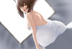 Rule 34 | 1girl, absurdres, ass, bare shoulders, blanket, blush, breasts, brown hair, dutch angle, flipped hair, from behind, graphite (medium), green eyes, hair between eyes, highres, indoors, kantai collection, large breasts, lips, looking at viewer, looking back, mechanical pencil, morning, mutsu (kancolle), on bed, open mouth, pencil, short hair, sideboob, sitting, solo, traditional media, utsumi karmin, window